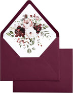 PONATIA 50PCS A7 Euro Flap Envelopes, 5.25 x 7.25'' Burgundy Flowers Liner Envelope for 5x7'' Wedding Invitation Cards, Christmas Gift Cards, Acrylic Invitations, Photos
