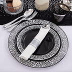 NOCCUR 210PCS Black and Silver Dinnerware Set for 30 Guests - Black Plastic Plates with Silver Rim Include 30 Dinner / 30 Dessert Plates, 30 Prewrapped Silverware, 30 Cups Ideal for Party, Halloween