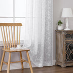 VISIONTEX White Sheer Voile Curtains, Decorative Leaves Embroidery Faux Linen Rod Pocket Window Drapes for Home Kitchen, Living Room and Bedroom 54 x 108 Inch, Set of 2 Curtain Panels