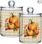 Gredecor 4 Pack Apothecary Jars with Lid Pumpkins Gingham Plaid Qtip Holder Dispenser Storage Containers Clear Plastic Rustic Fall Autumn Thanksgiving Theme Canisters for Bathroom Vanity Organization