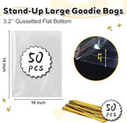 PigPotParty 10"x 14", 50Pcs Bottom Gusset Bags, Clear Plastic Gift Cellophane Mug Treat Goodie Bags with 50x Twist Ties, Large Party Favor Packaging, Toy Wrapping (No Side Gusset)