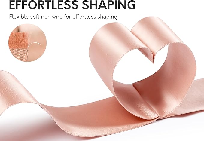Rose Gold Satin Ribbon Double-Faced Wired Ribbons for Gift Wrapping Flower Bouquet Bows Wedding Invitation Christmas Decor Crafts 2-1/2 Inch 10 Yards