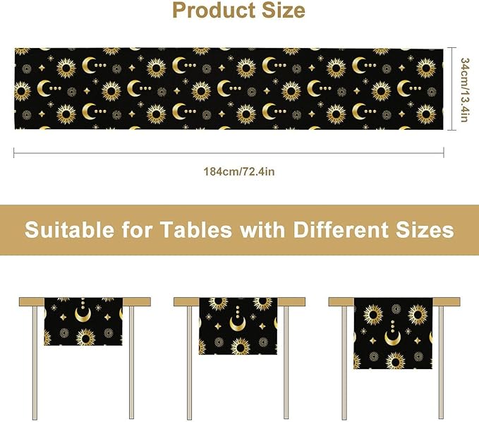 Magic Gold Sun Moon Stars Table Runner Mystical Farmhouse Rustic TableRunner for Party Holiday Dining Room Kitchen 13x108 Inch