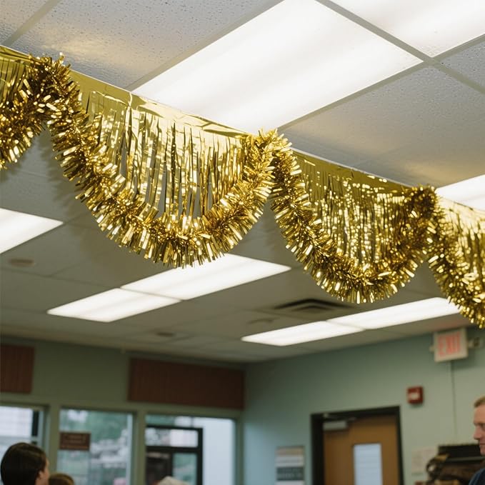 4 Pack Gold Total 40 Feet Foil Fringe Garland Metallic Tinsel Banner Wall Hanging Drapes Parade Float Skirting Decorations for Trailer Mardi Gras Party Birthday Wedding Baby Shower