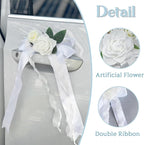 4PCS Wedding Car Door Handle Decorative Flowers, White Artificial Cars Bouquet Flower Bowknot Ribbon Decor, Just Married Automotive Decorations Accessories for Door Handles