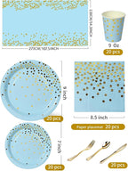 141 Pieces Light Blue and Gold Party Supplies, Party Dinnerware Sets Include Paper Plates Napkins Cups Silverware, for Wedding Bridal Shower Engagement Birthday Parties Decoration -20 Serves