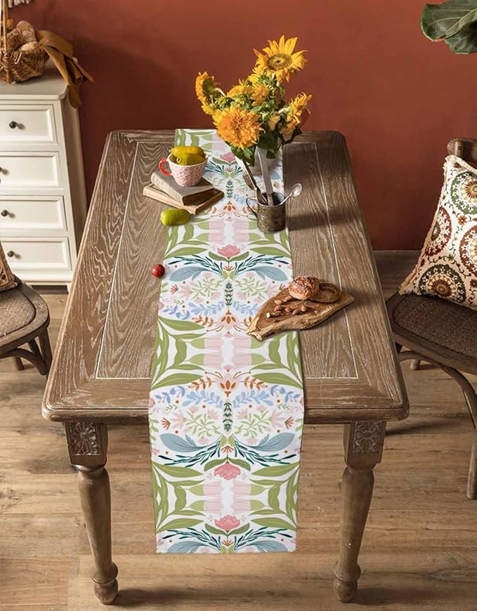 Green Blue Pink Boho Floral Cotton Linen Table Runner for Dining Kitchen, Wedding Outdoor Party Tablerunners Decoration, Retro Bohemian Botanical Dresser Scarf Coffee Tablecloth Runners 13x108 Inches