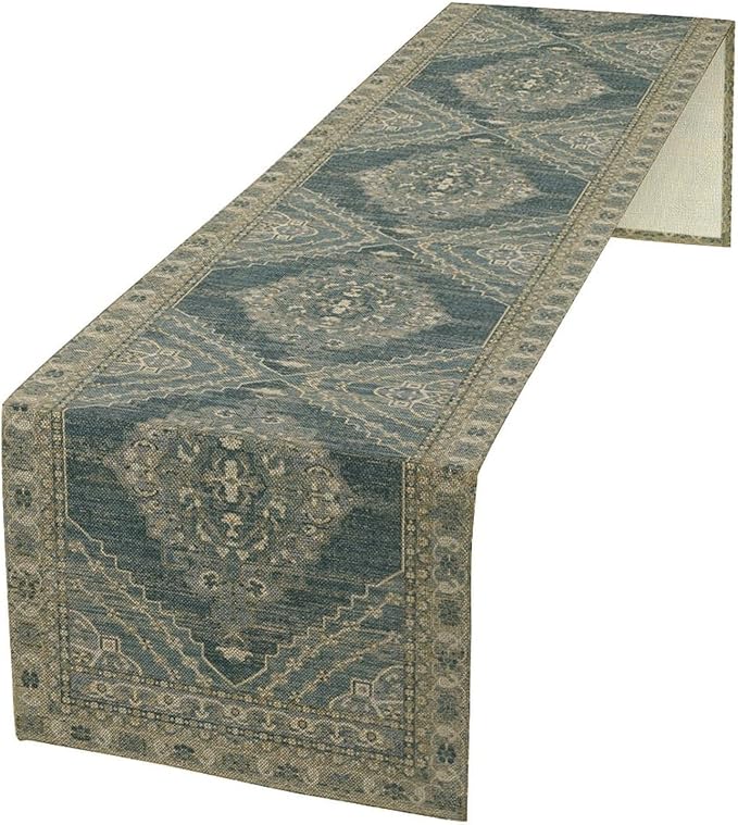 Boho Floral Vintage Table Runner, Blue Teal Retro Flower Rustic Country Farmhouse Pattern for Home Kitchen Table Decor Dining Coffee Room Party Decor 13x90in