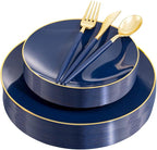 Liacere 150PCS Blue Plastic Plates - Gold Plastic Silverware with Blue Handle - Navy Disposable Plates Include 30 Guests Plates,Forks,Spoons,Knives for Wedding & Party & Halloween