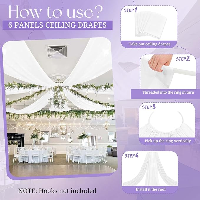 6 Panel White Wedding Drapes, 5ftx10ft Cheesecloth Sheer Fabric Curtains for Wedding Arch, Romantic Ceiling Decorations
