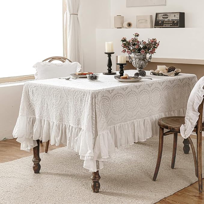 patdrea Vintage Ruffle Tablecloth for Rectangle Tables,Farmhouse Embroidered Cotton White Lace Table Cloth Cover Decor for Dining Room Wedding Banquet Thanksgiving Christmas,59"*91"