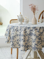 Pastoral Round Tablecloth - 48 Inch Dia. - Beige Linen Table Cloth - Washable Table Cover with Dust-Proof Wrinkle Resistant for Restaurant, Picnic, Indoor and Outdoor Dining, Floral (Dark Blue)