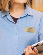 Custom Name Tag with Logo - Personalized Name Badge with Magnet Backing - Choose Your Size and Color (Gold Metal 3"x1.5" - Logo on Top)