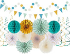 Teal-Gold Sage Green Party-Decoration - 33pcs Kits Tissue Pom Poms Honeycomb,Banner,Streamers Tassel Garland,Paper Lantern Fans,Wedding Engagement Bachelorette Birthday Baby Bridal Shower Decor Hugtmr