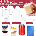 300 Packs Dessert Cups with Spoons, 5 OZ Mini Clear Plastic Disposable Parfait Cups, Small Serving Bowl for fruit ice cream pudding, Square Dessert Shot Glasses Round Goblets for Fall party