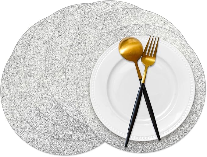 50 Pieces Silver Glitter Paper Place Mats Sparkle Round Disposable Table Mats Silver Sequin Doilies Decorative Placemats for Wedding Banquet Party Home Dining Tableware