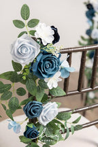 Ling's Moment 10pcs Wedding Chair Decorations Aisle Floral Swag Artificial Pew Flowers Hanging Garland Dusty Blue & Navy for Ceremony Reception Church Rose Floral Faux Arrangement Party Outdoor Decor