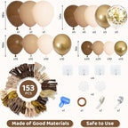 Amandir 153pcs Brown Balloon Garland Arch Kit, Different Sizes 18 12 10 5 inch Brown Nude Latex Metallic Confetti Gold Balloons for Neutral Bear Baby Shower Safari Birthday Party Decorations Supplies