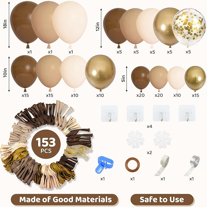 Amandir 153pcs Brown Balloon Garland Arch Kit, Different Sizes 18 12 10 5 inch Brown Nude Latex Metallic Confetti Gold Balloons for Neutral Bear Baby Shower Safari Birthday Party Decorations Supplies