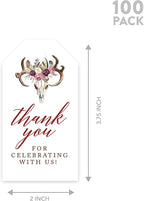 Andaz Press 100-Pack Thank You for Celebrating with Us Favor Tags Boho Rustic Floral Antlers Cardstock Gift Tags with Bakers Twine for Wedding Baby Shower Bridal Shower Party Favors 2 x 3.75-Inches