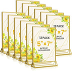 Acrylic Gold Sign Holders 5x7, 12 Pack Wedding Gold Table Number Holders, Double Sided Photo Display Picture Frame Paper Stand, Clear Flyer Stand Menu Holder for Wedding, Home, Party, Restaurant