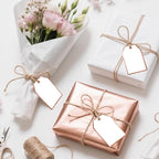 100Pcs Blank Gift Tags with String Attached Foil Rose Gold Frame Large White Paper Gift Tags Presents with 65 Ft Jute Twine for Birthday Wedding Baby Shower Graduation Gift Wrap Tag