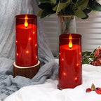 NURADA Flickering Flameless Candles: Built-in Star String Lights Battery Operated LED Pillar Candles with Remote and Timer Romantic Decorations for Wedding Party Christmas Halloween - Red 2 Pack