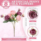 8 Bundles Artificial Peonies Flowers Boho Faux Flowers Arrangements Artificial Centerpiece Spring Bouquet Floral Wedding Decoration for Vase(Pink, Dark Pink)