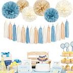 Light-Dusty Blue Beige-Champagne Boho Party Decorations - 23pcs Baby Bridal Shower Tissue Pom Poms Streamers,Women Girls Birthday Tassel Garland Banner,Bachelorette Wedding Decor Backdrop Ouruola
