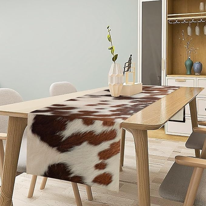 Farmhouse Cow Skin Print Table Runner, Safari Wildlife Brown Country Farm Cowhide Pattern Cotton Linen Rustic Cottage Table Runner for Dinning Home Party Holidays Home Setting, 13x90 Inch