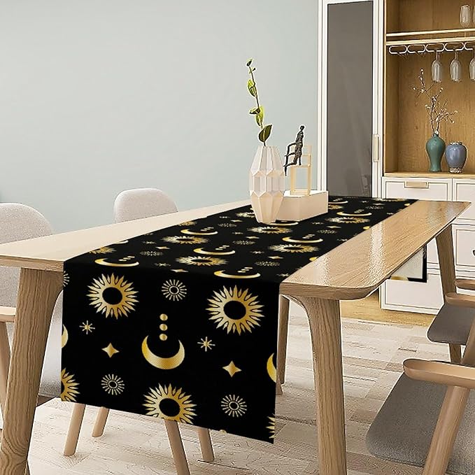 Magic Gold Sun Moon Stars Table Runner Mystical Farmhouse Rustic TableRunner for Party Holiday Dining Room Kitchen 13x108 Inch
