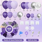 Amandir 153pcs Purple Balloon Garland Arch Kit, Different Sizes 18 12 10 5 inch Lavender Latex Metallic Confetti Silver Balloons for Girls Women Wedding Birthday Baby Shower Party Decorations Supplies