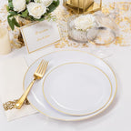 NOCCUR 350PCS Gold Disposable Dinnerware Set for 50 Guests - White and Gold Plastic Plates Include 50 Dinner/Dessert Plates, 150 Silverware and 50 Napkins/Cups Ideal for Fall Party&Thanksgiving