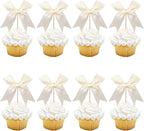 24 PCS Bow Cupcake Toppers Bowknot Coquette Bow Girls Birthday Cake Decorations Bow Cake Toppers Bowknot Cupcake Picks for Baby Shower Birthday Wedding Bridal Engagement Party Supplies Beige