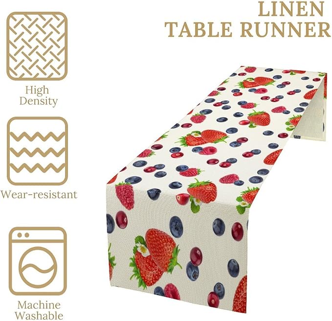 Strawberry Table Runner Spring Summer Fruit Wild Berry Forest Garden Dinner Runner for Farmhouse Party Holiday Home Kitchen Dining Table Decor 13x60