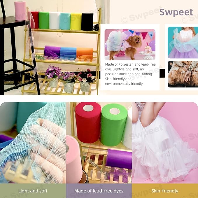 Swpeet 6 Inch by 100 Yards Red Tulle Fabric Roll, Fabric Spool Tulle Ribbon, Netting Polyester Spool Ideal for DIY Handmade Birthday Party Wedding Decorations Christmas Craft Supplies