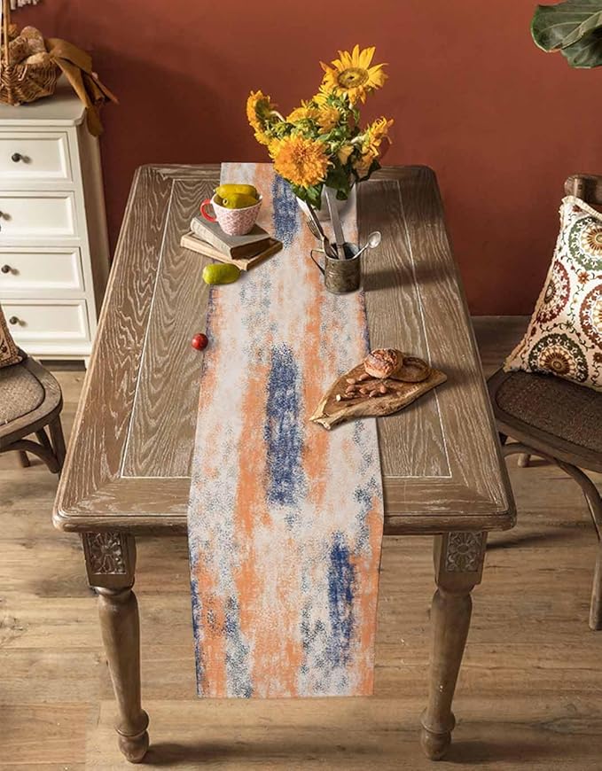 Vintage Oil Painted Cotton Linen Table Runner for Dining Kitchen, Wedding Outdoor Party Tablerunners Decoration, Abstract Modern Orange Minimalist Dresser Scarf Coffee Tablecloth Runners 13x120 Inches