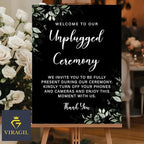 Unplugged Ceremony Wedding Sign – Elegant Greenery Design for Outdoor Weddings – Turn Off Phones & Cameras – Rustic Floral Yard Sign
