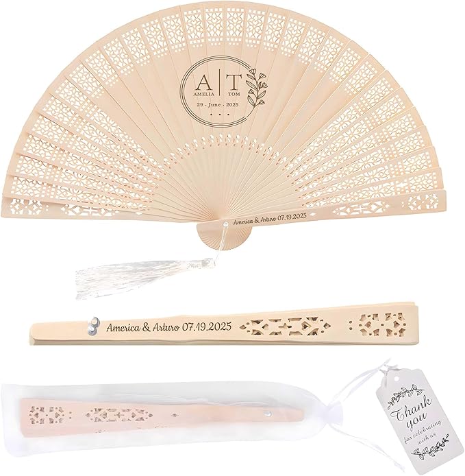 50 PCS Custom Fans Personalized Folding Fans for Line Dancing Wooden Hand Fan Wedding Favors Bulk Fans for Guests Party Event Use (Style06)