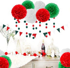 Red-Green White Party-Decorations - 23pcs Mexico Italy Tissue Pom Poms Streamers,Tassel Garland Banner,Mexican Italian Birthday Wedding Baby Shower Decor Bunting Lasting Surprise