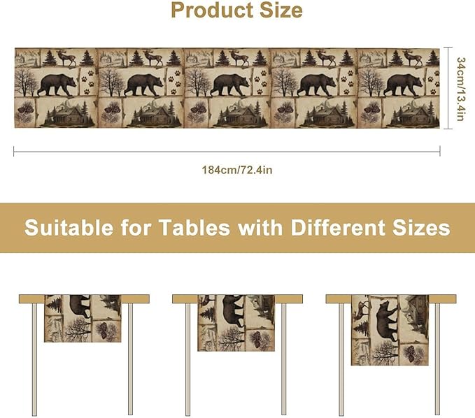 Rustic Cabin Table Runner, Retro Moose Cone Deer Bear Farmhouse Lodge Table Runner for Dinner Living Room Kitchen Vintage Country Cottage 13x70 Inch