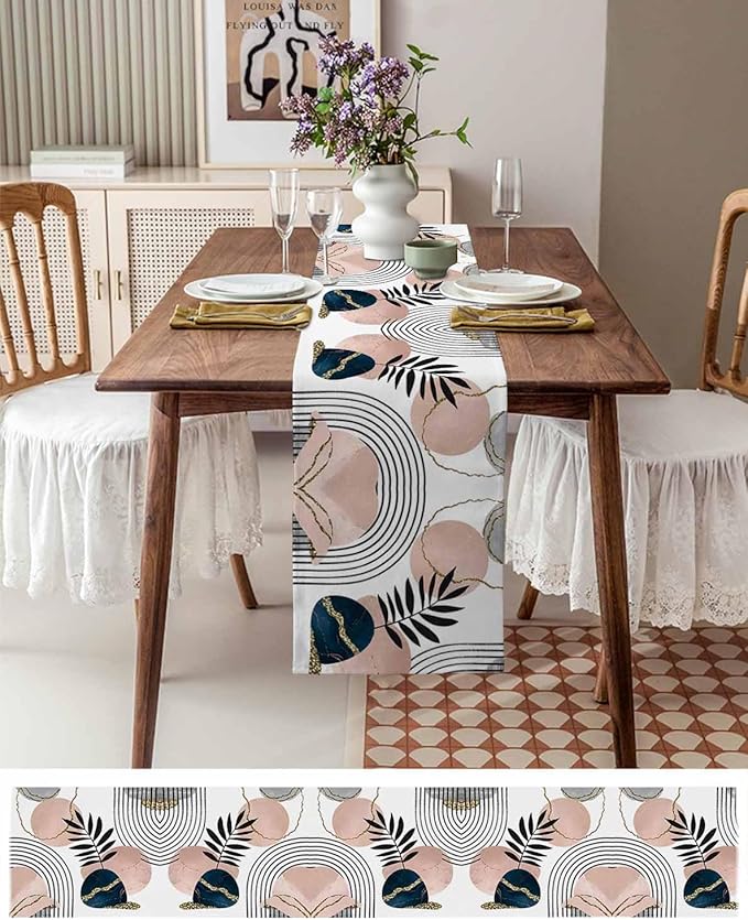 Modern Boho Cotton Linen Table Runner for Dining Kitchen, Wedding Outdoor Party Tablerunners Decoration, Abstract Bohemian Tropical Palm Leaf Dresser Scarf Coffee Tablecloth Runners 13x72 Inches