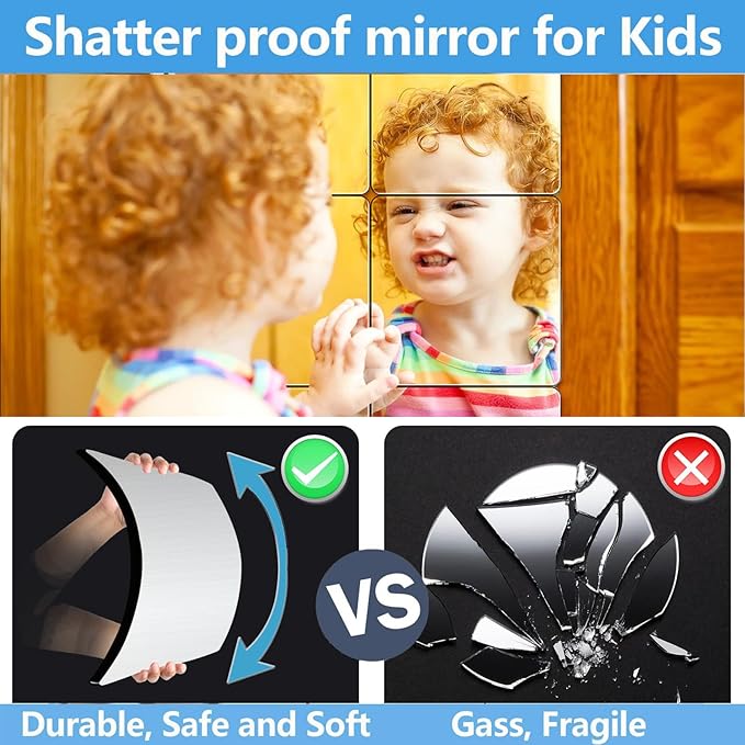 Unbreakable Acylic Small Mirror Tiles for Kids, (6-Pcs 8x8 Inch) Plastic Mirrors for Wall, Stick on Mirrors for Small Decorative Mirror, Shatterproof Peel and Stick on Miroir Tiles for Wall Decor