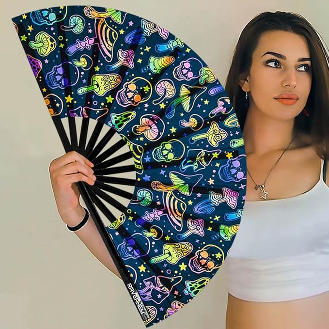 UV Glow Rave Fan, Bamboo Folding Clack Hand Fans Foldable for Men Women, Boots on the Ground Poping Fan for EDM Festival Line Dance Decoration, (Mushrooms and Skulls, Large 13")