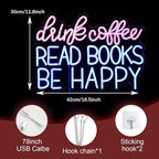 Drink Coffee Read Books Be Happy Neon Sign USB Powered Led Read Books Neon Light for Wall Decor Dimmable Pink Blue Neon Light Up Signs for Classroom Coffee Shop Bookstore Library Museum Study Room(16.5*12.6In)