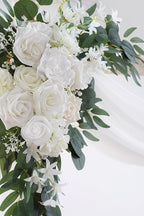 White Artificial Wedding Arch Flowers Kit (Pack of 3) with 26Ft White Shiny Arch Draping Fabric for DIY Wedding Party Ceremony Reception Backdrop Floral Decoration