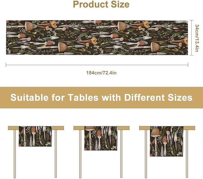 Mushroom Table Runner,Retro Forest Wildflower Botanical Plants Flower Art Pattern Print Burlap Hotel Indoors Outdoor Dining Room Kitchen Holiday Party, 13x70in