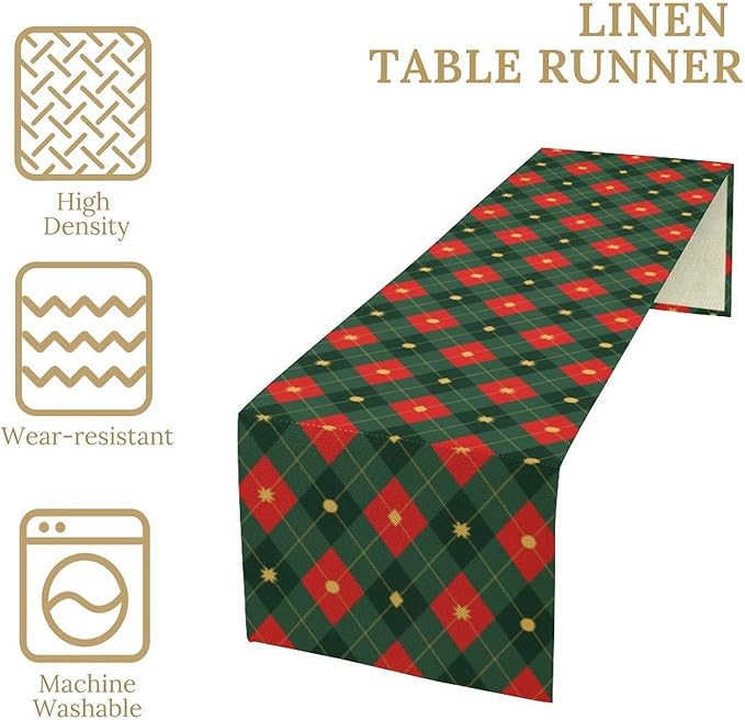 Christmas Table Runner,Green Red Xmas Plaid Table Cloth Kitchen Dining Table Decoration for Home Party Decor 13x108 Inch