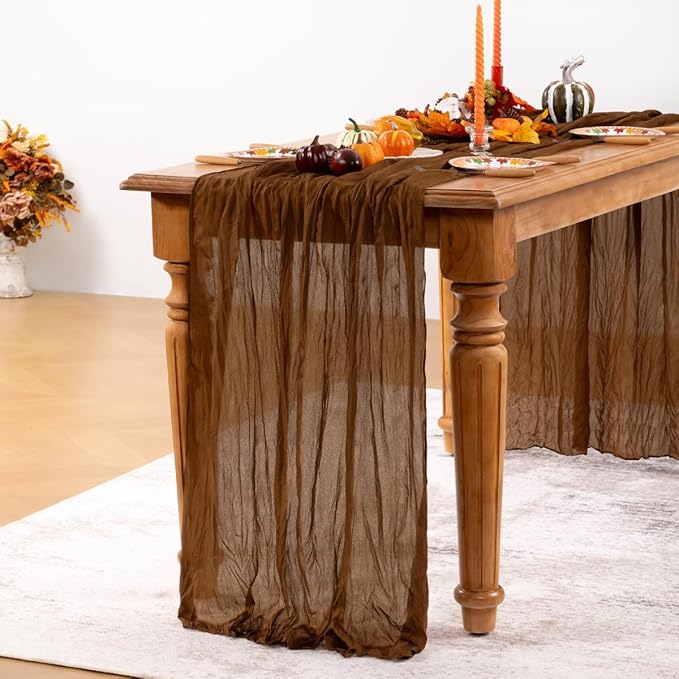 Brown Cheesecloth Table Runner Tan Fall Table Runner Boho Gauze 120 Inches Marron Cheese Cloth Fall Table Decorations for Thanksgiving Wedding Bridal Baby Shower Tea Party Decor