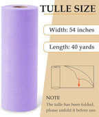 Lavender Tulle Fabric Roll, 54" x 40 Yards (120FT) Tulle for Wedding Decoration DIY Tutu Party Backdrop Baby Shower Table Skirts Gift Wrapping